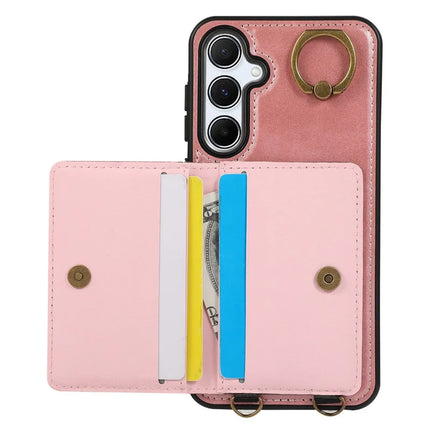 For Samsung Galaxy A55 5G PU Leather Back Case Card Holder Kickstand Phone Cover with Wrist Strap