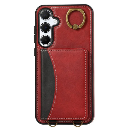 For Samsung Galaxy A55 5G PU Leather Back Case Card Holder Kickstand Phone Cover with Wrist Strap