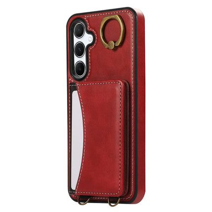 For Samsung Galaxy A55 5G PU Leather Back Case Card Holder Kickstand Phone Cover with Wrist Strap