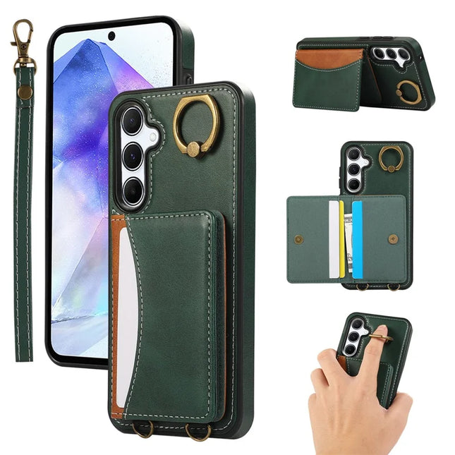 For Samsung Galaxy A54 5G PU Leather Back Case Card Holder Kickstand Phone Cover with Wrist Strap - Green