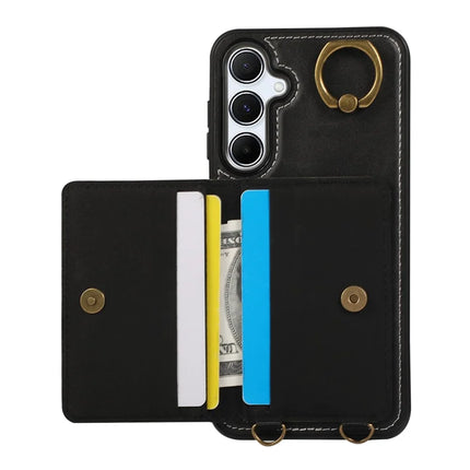 For Samsung Galaxy A54 5G PU Leather Back Case Card Holder Kickstand Phone Cover with Wrist Strap