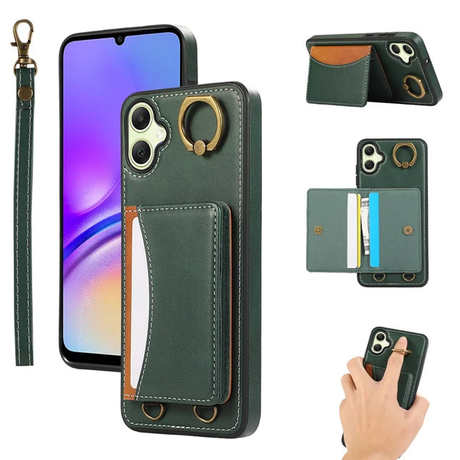For Samsung Galaxy A05 4G PU Leather Back Case Card Holder Kickstand Phone Cover with Wrist Strap - Green