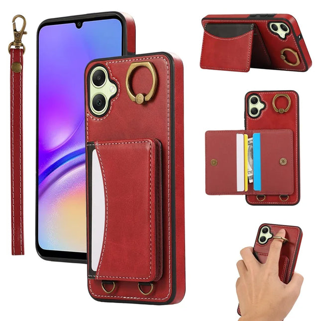 For Samsung Galaxy A05 4G PU Leather Back Case Card Holder Kickstand Phone Cover with Wrist Strap - Red
