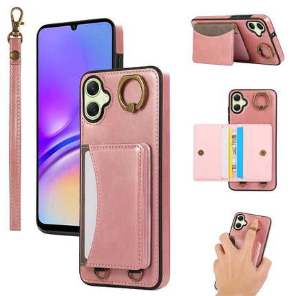 For Samsung Galaxy A05 4G PU Leather Back Case Card Holder Kickstand Phone Cover with Wrist Strap - Pink