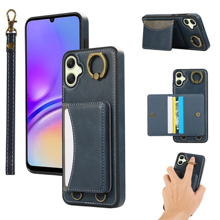 For Samsung Galaxy A05 4G PU Leather Back Case Card Holder Kickstand Phone Cover with Wrist Strap - Blue