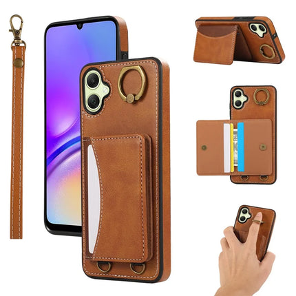 For Samsung Galaxy A05 4G PU Leather Back Case Card Holder Kickstand Phone Cover with Wrist Strap - Brown