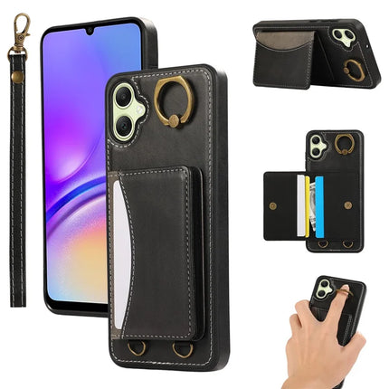 For Samsung Galaxy A05 4G PU Leather Back Case Card Holder Kickstand Phone Cover with Wrist Strap - Black