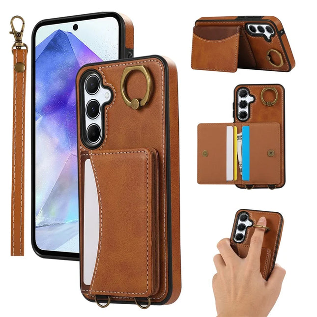 For Samsung Galaxy A34 5G PU Leather Back Case Card Holder Kickstand Phone Cover with Wrist Strap - Brown