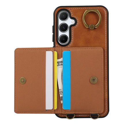 For Samsung Galaxy A34 5G PU Leather Back Case Card Holder Kickstand Phone Cover with Wrist Strap