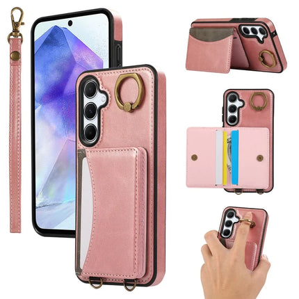 For Samsung Galaxy A34 5G PU Leather Back Case Card Holder Kickstand Phone Cover with Wrist Strap - Pink