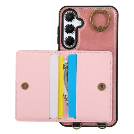 For Samsung Galaxy A34 5G PU Leather Back Case Card Holder Kickstand Phone Cover with Wrist Strap