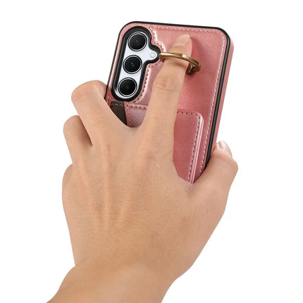 For Samsung Galaxy A34 5G PU Leather Back Case Card Holder Kickstand Phone Cover with Wrist Strap