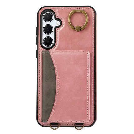 For Samsung Galaxy A34 5G PU Leather Back Case Card Holder Kickstand Phone Cover with Wrist Strap