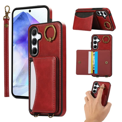 For Samsung Galaxy A34 5G PU Leather Back Case Card Holder Kickstand Phone Cover with Wrist Strap - Red