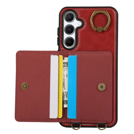 For Samsung Galaxy A34 5G PU Leather Back Case Card Holder Kickstand Phone Cover with Wrist Strap