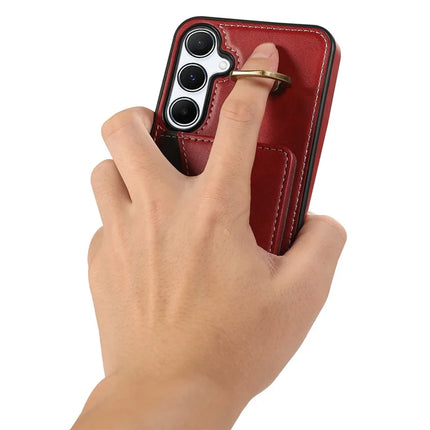 For Samsung Galaxy A34 5G PU Leather Back Case Card Holder Kickstand Phone Cover with Wrist Strap