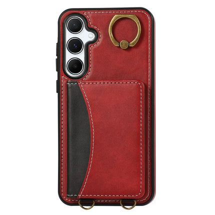 For Samsung Galaxy A34 5G PU Leather Back Case Card Holder Kickstand Phone Cover with Wrist Strap
