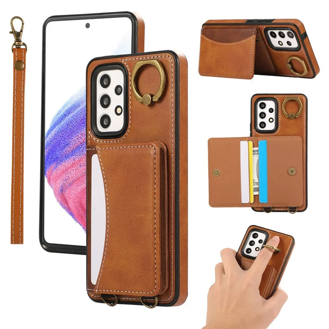 For Samsung Galaxy A53 5G PU Leather Back Case Card Holder Kickstand Phone Cover with Wrist Strap  - Brown