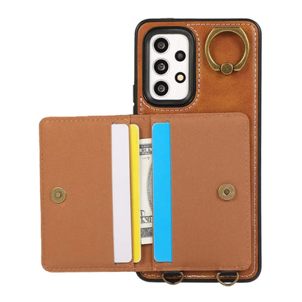 For Samsung Galaxy A53 5G PU Leather Back Case Card Holder Kickstand Phone Cover with Wrist Strap
