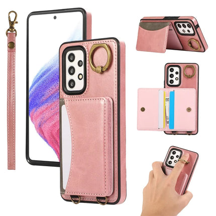 For Samsung Galaxy A53 5G PU Leather Back Case Card Holder Kickstand Phone Cover with Wrist Strap - Pink