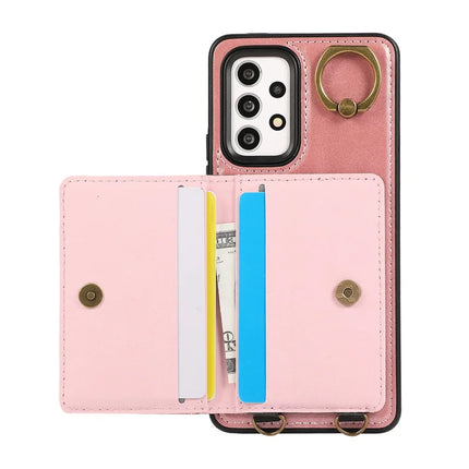 For Samsung Galaxy A53 5G PU Leather Back Case Card Holder Kickstand Phone Cover with Wrist Strap