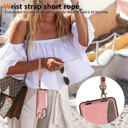 For Samsung Galaxy A53 5G PU Leather Back Case Card Holder Kickstand Phone Cover with Wrist Strap