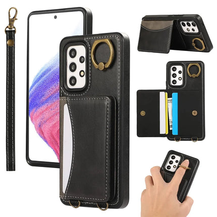 For Samsung Galaxy A53 5G PU Leather Back Case Card Holder Kickstand Phone Cover with Wrist Strap - Black