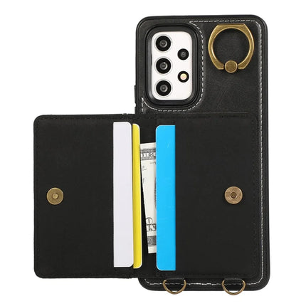 For Samsung Galaxy A53 5G PU Leather Back Case Card Holder Kickstand Phone Cover with Wrist Strap