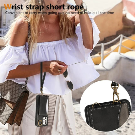 For Samsung Galaxy A53 5G PU Leather Back Case Card Holder Kickstand Phone Cover with Wrist Strap