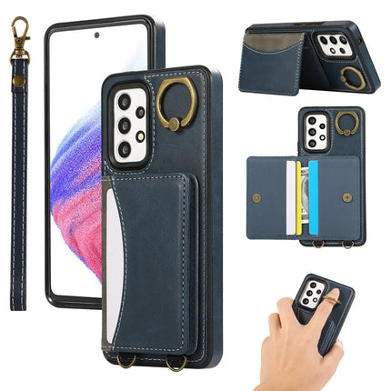 For Samsung Galaxy A53 5G PU Leather Back Case Card Holder Kickstand Phone Cover with Wrist Strap - Blue