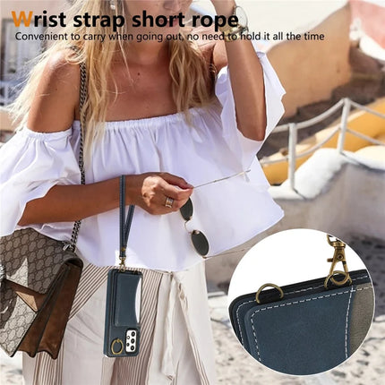For Samsung Galaxy A53 5G PU Leather Back Case Card Holder Kickstand Phone Cover with Wrist Strap