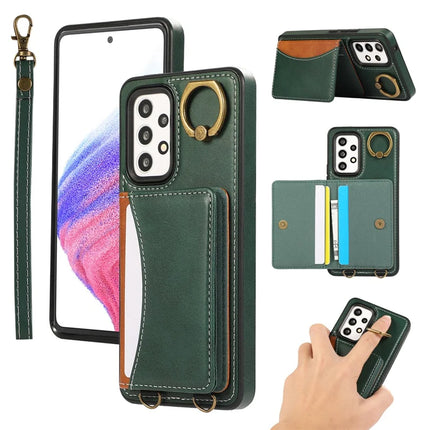 For Samsung Galaxy A53 5G PU Leather Back Case Card Holder Kickstand Phone Cover with Wrist Strap - Green