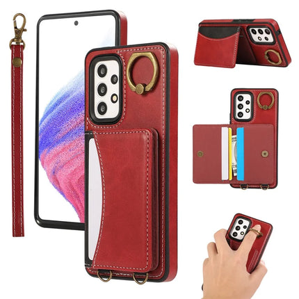 For Samsung Galaxy A53 5G PU Leather Back Case Card Holder Kickstand Phone Cover with Wrist Strap - Red