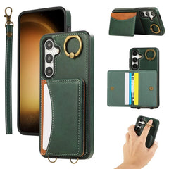 For Samsung Galaxy S24 PU Leather Back Case Card Holder Kickstand Phone Cover with Wrist Strap - Green