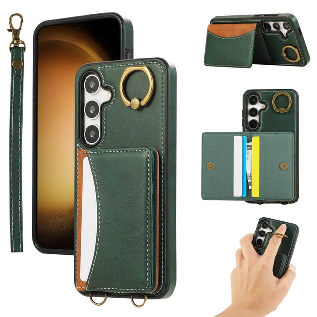 For Samsung Galaxy S24 PU Leather Back Case Card Holder Kickstand Phone Cover with Wrist Strap - Green