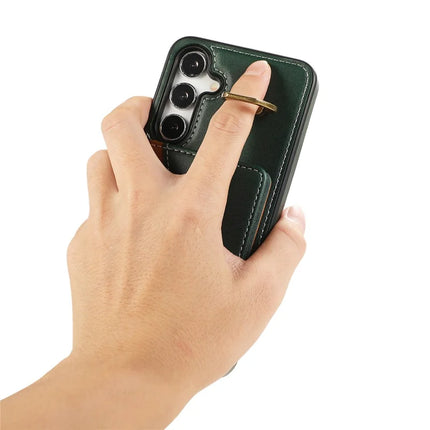 For Samsung Galaxy S24 PU Leather Back Case Card Holder Kickstand Phone Cover with Wrist Strap