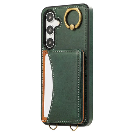 For Samsung Galaxy S24 PU Leather Back Case Card Holder Kickstand Phone Cover with Wrist Strap