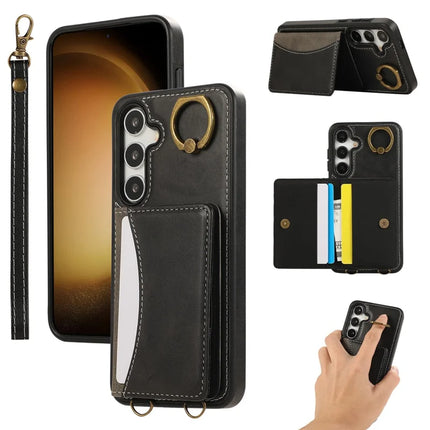 For Samsung Galaxy S24 PU Leather Back Case Card Holder Kickstand Phone Cover with Wrist Strap - Black