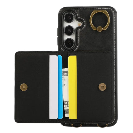 For Samsung Galaxy S24 PU Leather Back Case Card Holder Kickstand Phone Cover with Wrist Strap