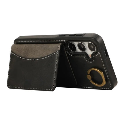 For Samsung Galaxy S24 PU Leather Back Case Card Holder Kickstand Phone Cover with Wrist Strap