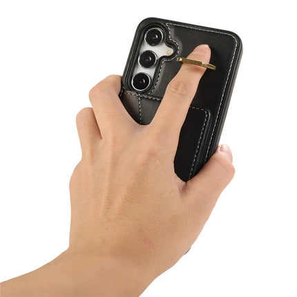 For Samsung Galaxy S24 PU Leather Back Case Card Holder Kickstand Phone Cover with Wrist Strap