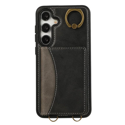 For Samsung Galaxy S24 PU Leather Back Case Card Holder Kickstand Phone Cover with Wrist Strap