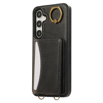 For Samsung Galaxy S24 PU Leather Back Case Card Holder Kickstand Phone Cover with Wrist Strap