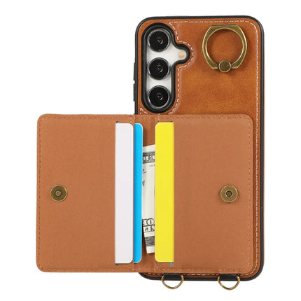 For Samsung Galaxy S24 PU Leather Back Case Card Holder Kickstand Phone Cover with Wrist Strap