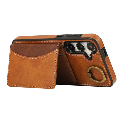 For Samsung Galaxy S24 PU Leather Back Case Card Holder Kickstand Phone Cover with Wrist Strap