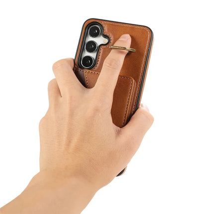 For Samsung Galaxy S24 PU Leather Back Case Card Holder Kickstand Phone Cover with Wrist Strap