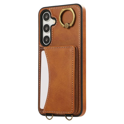For Samsung Galaxy S24 PU Leather Back Case Card Holder Kickstand Phone Cover with Wrist Strap