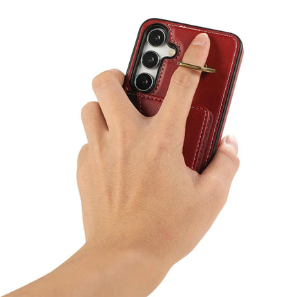 For Samsung Galaxy S24 PU Leather Back Case Card Holder Kickstand Phone Cover with Wrist Strap