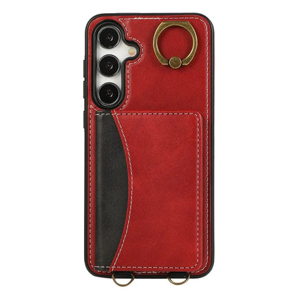 For Samsung Galaxy S24 PU Leather Back Case Card Holder Kickstand Phone Cover with Wrist Strap