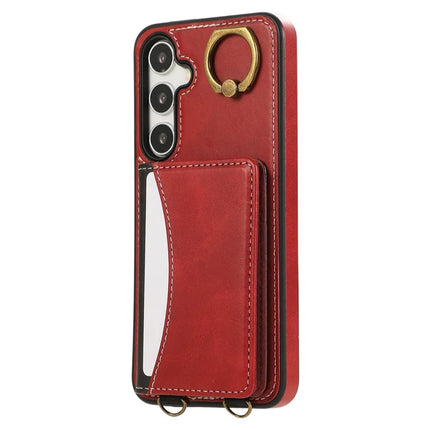 For Samsung Galaxy S24 PU Leather Back Case Card Holder Kickstand Phone Cover with Wrist Strap